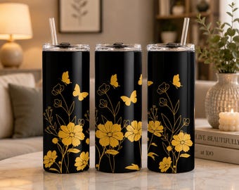 Diseño PNG de envoltura para vaso con mariposa floral negra y dorada, elegante diseño de flores para sublimación (descarga digital)