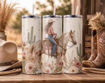 Envoltura para vaso térmico con estampado floral de vaquera y caballo, estilo bohemio western por sublimación PNG (20 oz, delgado)