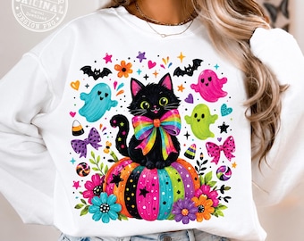 Gatto di Halloween colorato al neon PNG, Gatto nero carino con zucca arcobaleno PNG, Fantasmino kawaii Design per sublimazione, Fantasmino carino spettrale, Download digitale