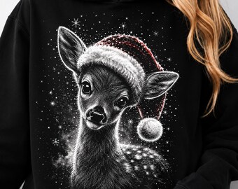 PNG de reno navideño, camiseta de reno adorable, PNG de reno con gorro de Papá Noel, camiseta navideña vintage, diseño de reno invernal, regalo navideño, descarga digital