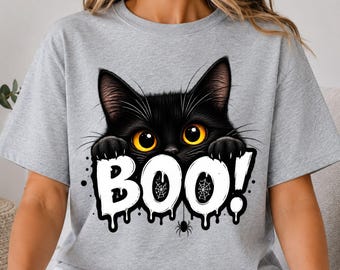 Black Cat Halloween PNG, Boo Spiderweb PNG, Spooky Cat Sublimation Design, Halloween Digital Download, Black Cat Shirt Gift PNG