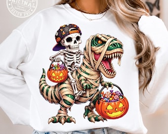 Mummy Dinosaur PNG, Skeleton Riding T Rex Halloween PNG, Spooky Dinosaur Clipart, Trick Or Treat Pumpkin Design, Halloween Shirt Design PNG