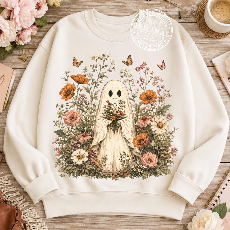 Pu&ograve; includere: Una felpa girocollo color crema con una grafica centrale raffigurante un fantasma che tiene in mano un bouquet di fiori, circondato da vari fiori di campo e farfalle. Il design include una filigrana circolare nell'angolo in alto.