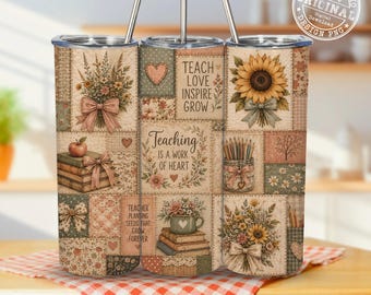 Teacher Tumbler Wrap PNG, Patchwork Teacher Sublimation Design, Sunflower 20oz Skinny Tumbler Wrap, Teacher Gift, Digital Download