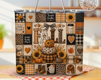 Herbst Tumbler Wrap PNG, Kürbis Patchwork 20 Unzen Skinny Tumbler Sublimation, Herbst Floral Tumbler Wrap, gemütlicher Herbst PNG, digitaler Download