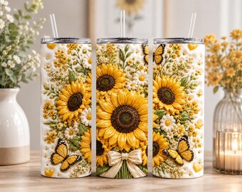 Sonnenblume Schmetterling Tumbler Wrap, aufgeblasenes 3D Blumen Sublimationsdesign (digitaler Download)