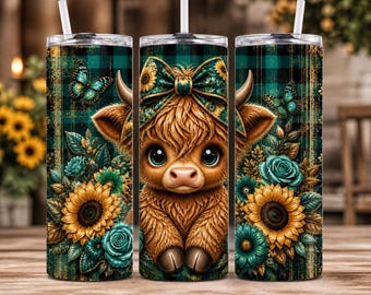 Sunflower Highland Cow Tumbler Wrap, Yellow Plaid Baby Cow Design (Digital Download)