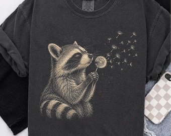Waschbär bläst Löwenzahn PNG, Vintage Waldtier Sublimationsdesign (digitaler Download)