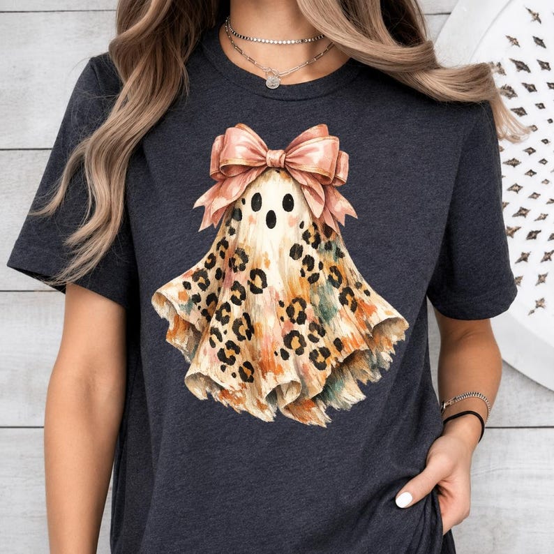 Leopard Ghost Coquette Bow PNG, Boho Brush Stroke Ghost Sublimation Design, Colorful Halloween Ghost PNG for T-Shirts, Digital Download image 7