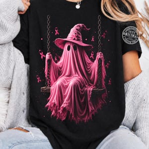 Breast Cancer Awareness Ghost PNG, Ghost on Swing PNG, In October We Wear Pink PNG, Pink Ribbon Ghost, Survivor Support Shirt Png, Gift Tee