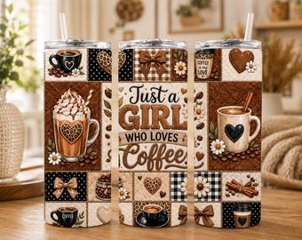 Diseño PNG de envoltura para vaso de café con diseño de patchwork, acogedor estilo granja para amantes del café (descarga digital)