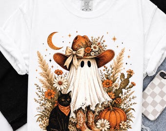 Fantasma Cowgirl PNG, Fantasma di Halloween Western con Gatto Nero PNG, Design Boho Autunno Sublimazione, Grafica Fantasma Floreale Zucca, Download Digitale
