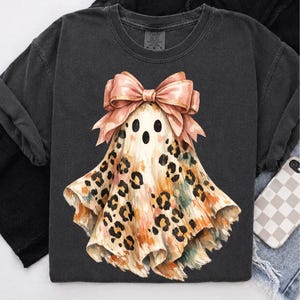 Leopard Ghost Coquette Bow PNG, Boho Brush Stroke Ghost Sublimation Design, Colorful Halloween Ghost PNG for T-Shirts, Digital Download image 4