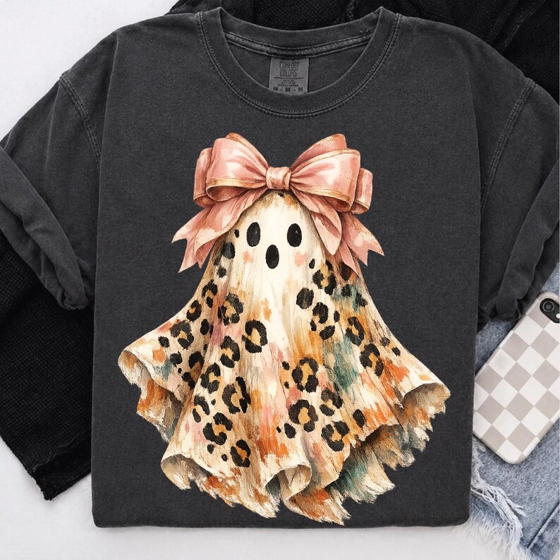 Leopard Ghost Coquette Bow PNG, Boho Brush Stroke Ghost Sublimation Design, Colorful Halloween Ghost PNG for T-Shirts, Digital Download image 4