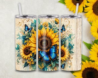 Sunflower Butterfly Tumbler Wrap PNG, Rustic Wood Floral Design (Digital Download)