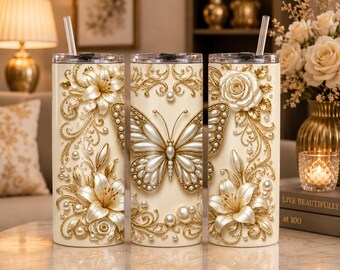 Envoltorio para vaso con mariposa de oro blanco, diseño floral de lirios y rosas (descarga digital)