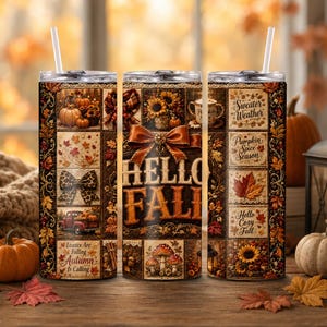 Diseño PNG de envoltura para vaso con motivos otoñales: hojas de otoño, calabazas y girasoles (descarga digital).