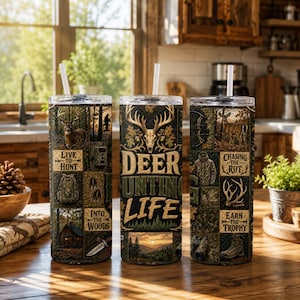 May include: Three cylindrical tumblers with white straws featuring a collage of deer hunting imagery, including a deer skull, forest scenes, and text reading "Live to Hunt," "Deer Hunting Life," "Chasing the Rut," "Into the Woods," and "Earn the Trophy."
