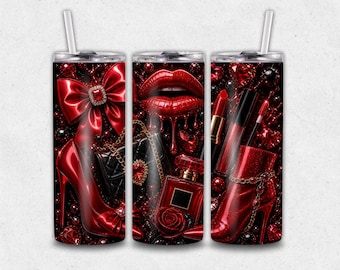 Red Glam Tumbler Wrap PNG, 20oz Skinny Tumbler Design, Glossy Lips Heels (Digital Download)