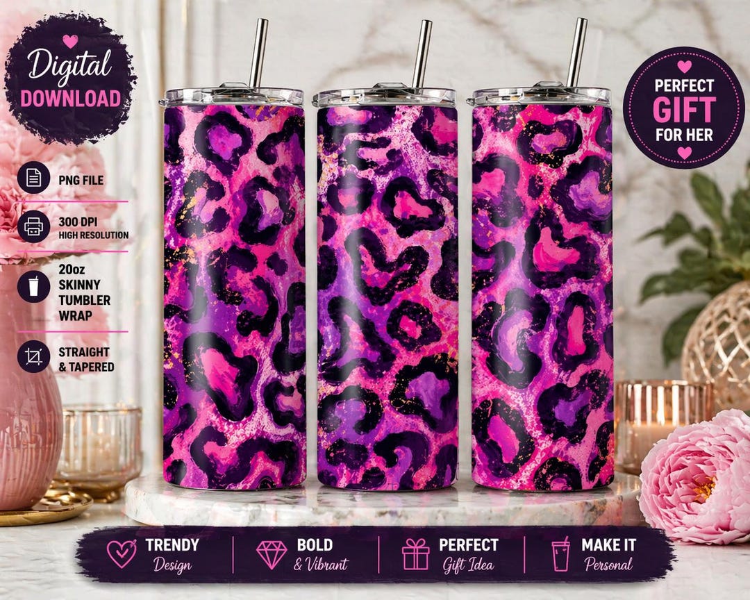 Pink Leopard Tumbler Wrap PNG, Purple Cheetah Print, 20oz Skinny ...
