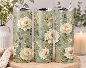 Floral Tumbler Wrap PNG, Sage Green 20 Unzen Skinny Tumbler Sublimation, weiße Pfingstrose Digital Download