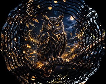 Dark Gold Owl Wind Spinner PNG, Magical Night Sublimation Design (Digital Download)