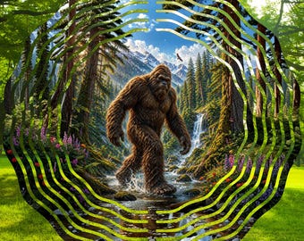 Bigfoot Forest Scene Wind Spinner PNG, Mountain Nature Decor (Digital Download)