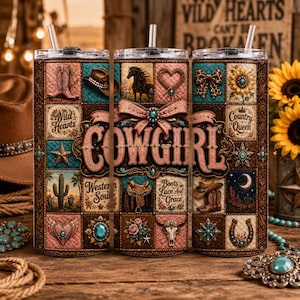 Patchwork Cowgirl Tumbler Wrap, png, westernlaarzen, zonnebloemen, woestijntafereel (digitale download)