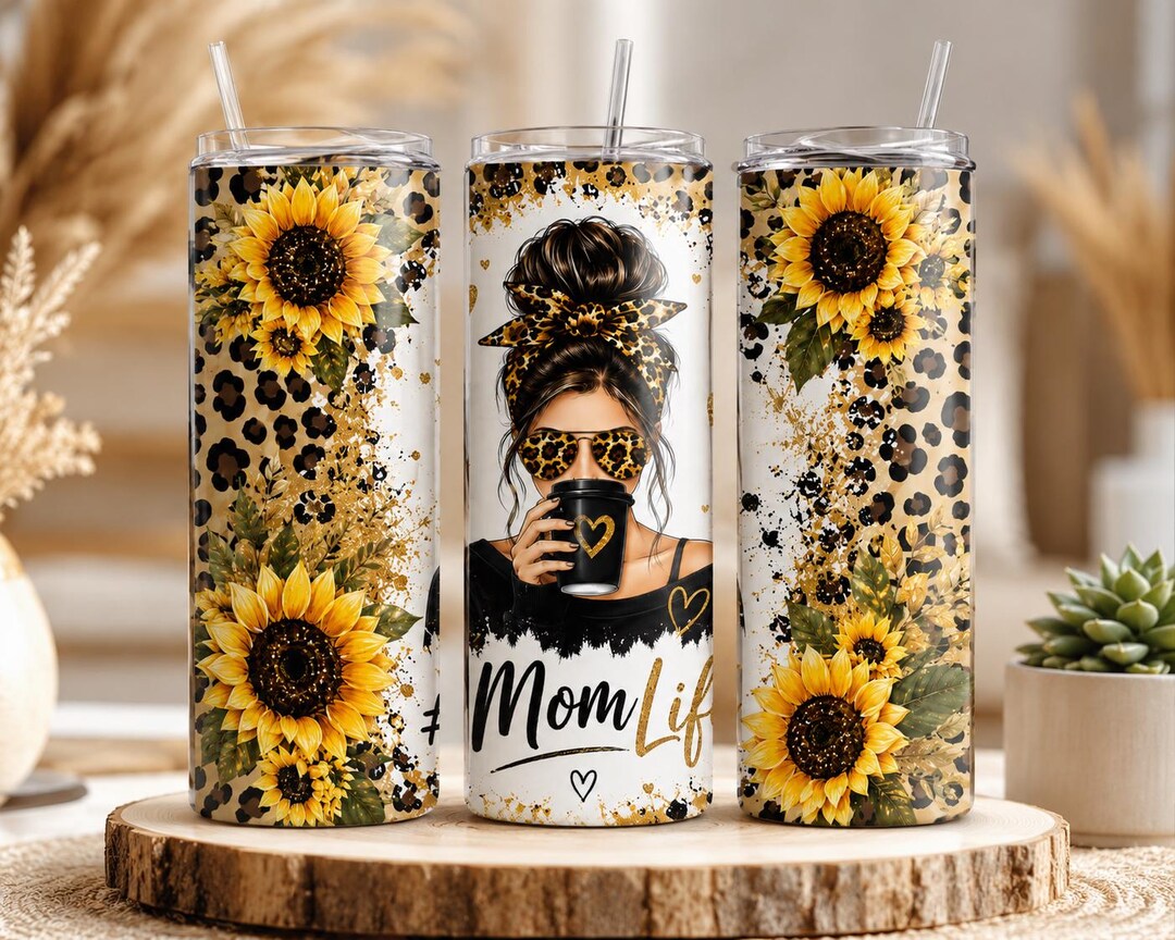 Sunflower Leopard Mom Life Tumbler PNG, Messy Bun Coffee Mom ...