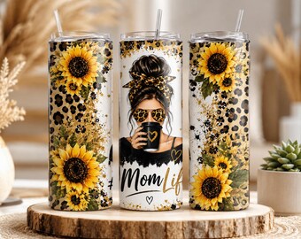 Sunflower Leopard Mom Life Tumbler PNG, Messy Bun Coffee Mom Sublimation Design (Digital Download)