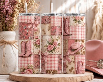 Pink Cowgirl Boots Floral Patchwork Tumbler Wrap (PNG Download)