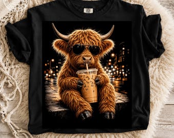 Iced Coffee Highland Cow PNG, Highland Cow Coffee PNG, Cow Shirt, Cow Lover Gift, Coffee Lover Gift, Funny Cow PNG, Farmhouse Cow Design