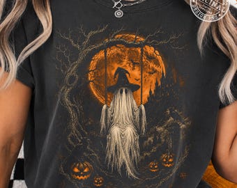 Geisterhexe Halloween PNG, Geist auf Schaukel Halloween, Vintage Halloween Distressed, gruselige Halloween Sublimation, Halloween Shirt Design PNG