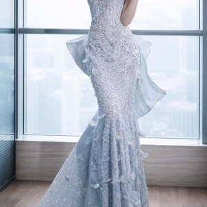 slim fit dress slacks Glitter-Print Long Prom Dress with Sheer Waist Smoky Blue / 4