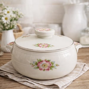 Vintage Hall Rose White Covered Casserole Dish | Floral Bean Pot w/ Lid | Hall China Serving Dish | Cottage Kitchen Decor | 7” x 5.5”