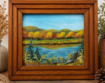 Vintage Framed Landscape Painting – River Scene with Autumn Foliage – Signed Original Art – Rustic Cabin Decor – 11.5” x 13”