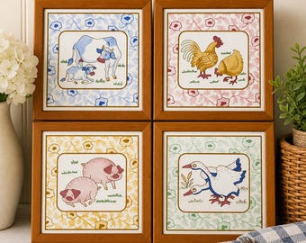 Vintage Farm Animal Tile Trivets – Cow, Pig, Chicken, Goose – Ceramic Cottage Kitchen Decor