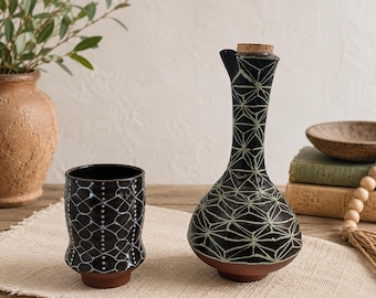 Handmade Nicaraguan Pottery Decanter Vase & Cup Set | Sgraffito Geometric Design | Folk Art Ceramic Pitcher | Rustic Boho Decor