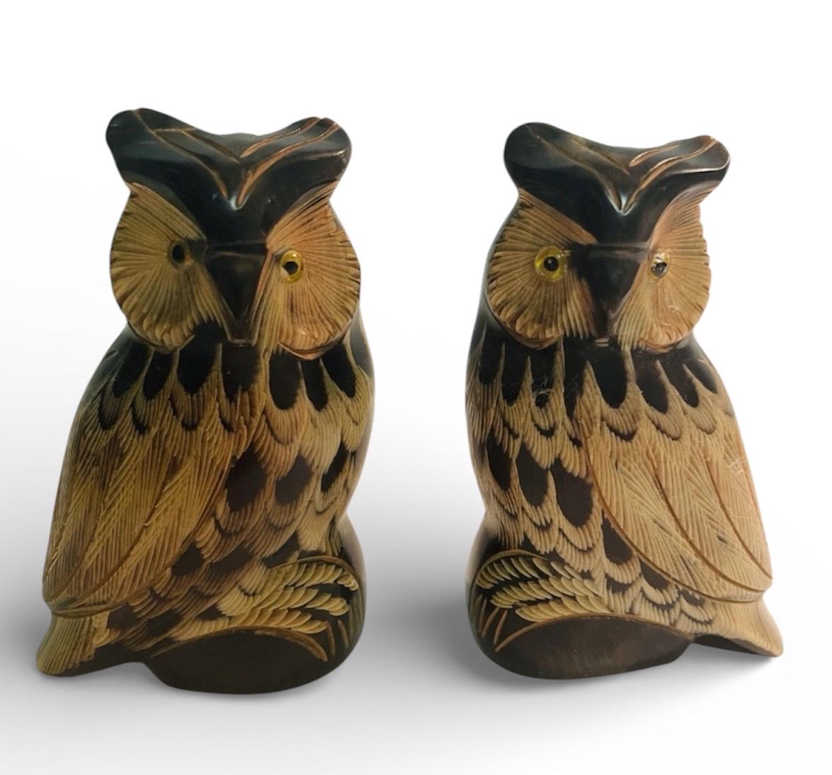 Pair of Hand-Carved Bison Horn Owls | Vintage Folk Art Animal Sculptures | Cabin Lodge Rustic Decor