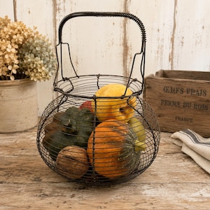 Primitive French Wire Egg Basket | Vintage Farmhouse Gathering Basket | Rustic Wire Basket with Coiled Handle | Cottagecore Country Kitchen