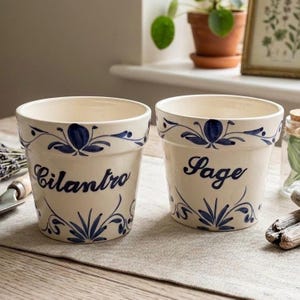 Vintage Jay Willfred for Andrea by Sadek Ceramic Herb Planters - Set of 2 Hand Painted Sage & Cilantro Pots, Made in Portugal, Blue  White