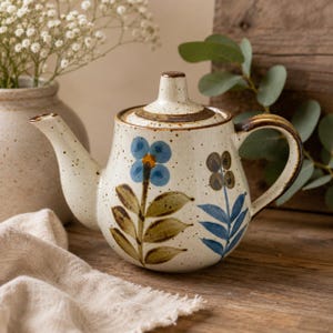 Puede incluir: Una tetera de cerámica color crema con motas y motivos florales pintados a mano en azul, verde y marrón. La tetera incluye una tapa a juego con un pequeño pomo, un pico curvo y un asa resistente, presentando un acabado rústico con manchas.