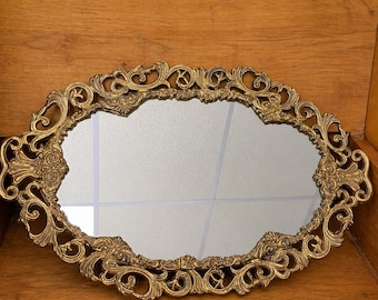 Large Vintage Ornate French Filigree Brass Vanity Tray Mirror | Rococo Style Gold Dresser Tray | Hollywood Regency Decor | 19x12