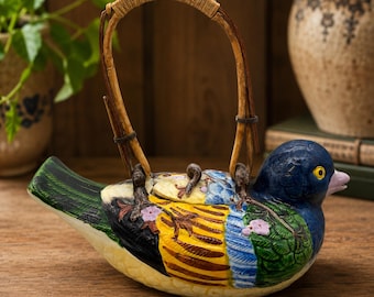 Teiera antica giapponese in ceramica Banko con decorazione a forma di uccello / Anatra in ceramica dipinta a mano, decorazione rustica asiatica