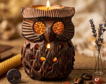 Portacandele a forma di gufo in legno intagliato a mano – Statuetta decorativa a forma di uccello in stile boho rustico MCM.