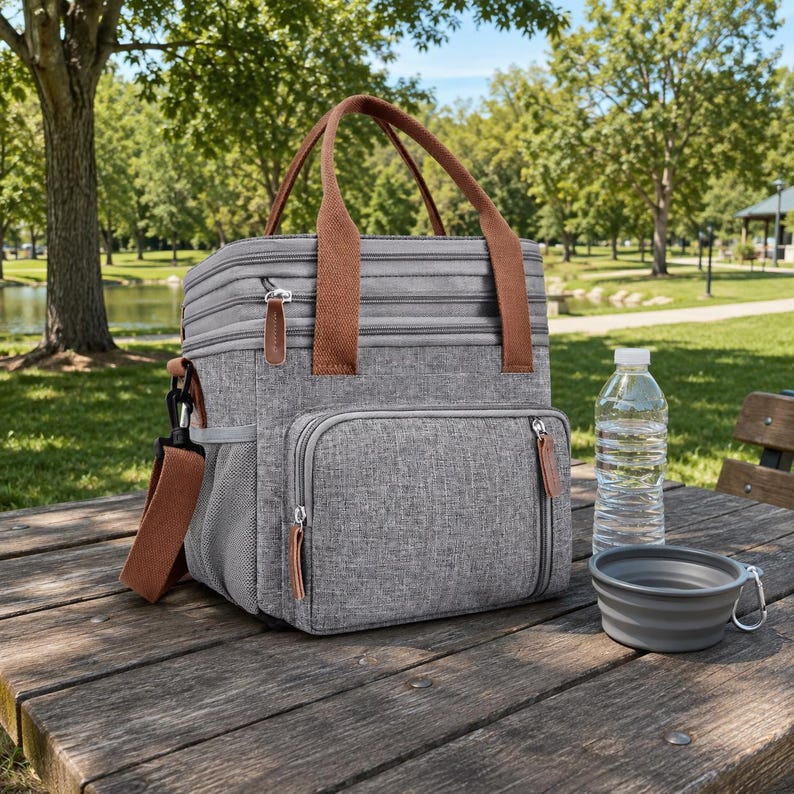 May include: A gray insulated cooler bag with brown handles and accents, a water bottle, and a collapsible gray dog bowl sit on a wooden picnic table. The bag has a shoulder strap and multiple zippered compartments.