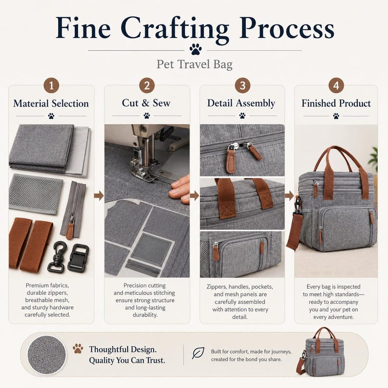 May include: Diagram of the fine crafting process for a pet travel bag. The steps include material selection, cutting and sewing, detail assembly, and the finished product. The bag is gray with brown accents.