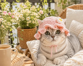 Crochet Cat Hats, Flower, Bunny, Frog Styles, Pet Costume Accessories