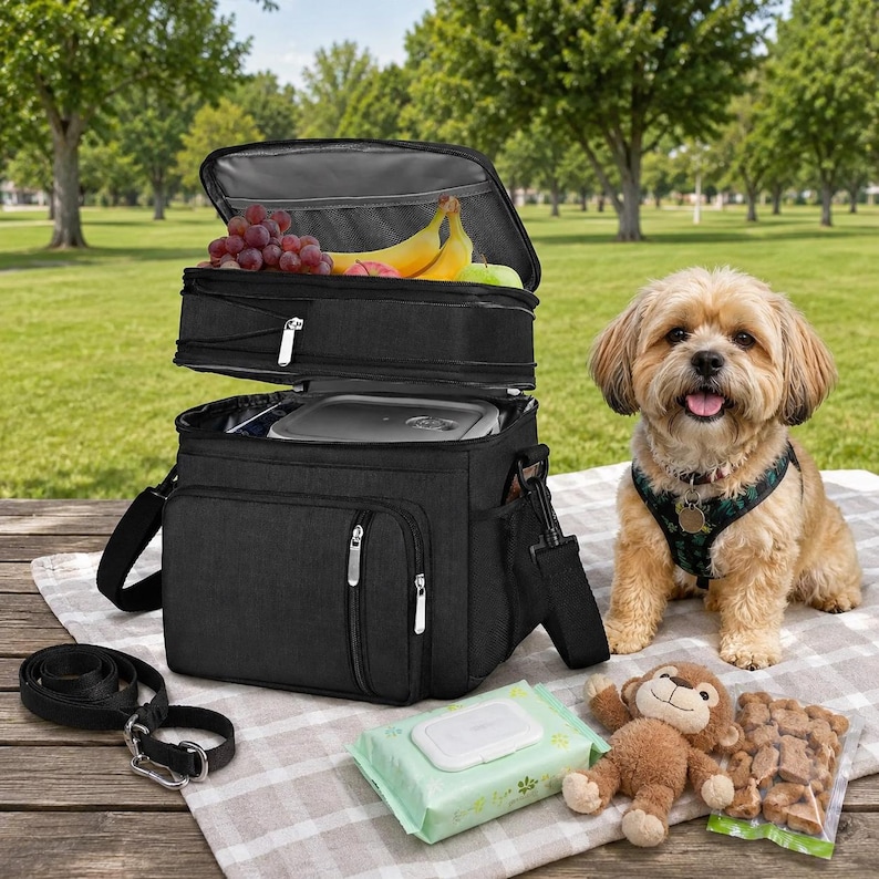 May include: Black insulated picnic cooler bag with multiple compartments, a shoulder strap, and zippered pockets. The top compartment holds fruit. A small dog sits nearby on a picnic blanket, along with dog treats, wipes, a leash, and a stuffed monkey.