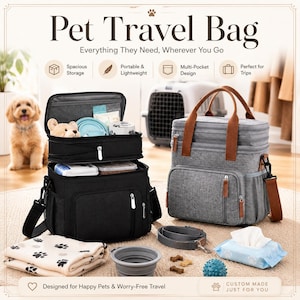 May include: A pet travel bag set with a black and gray bag, a gray carrier, and accessories. The set includes a black bag with multiple compartments, a gray bag with brown handles, a blanket, a collapsible bowl, and a leash. Text on the image reads "Pet Travel Bag".